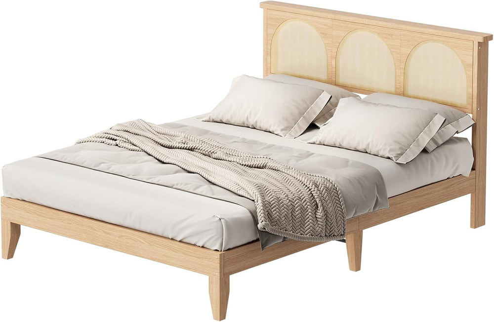 Queen Size Curved Rattan Headboard Platform Bed, Deluxe Bed with Built-in RGB...