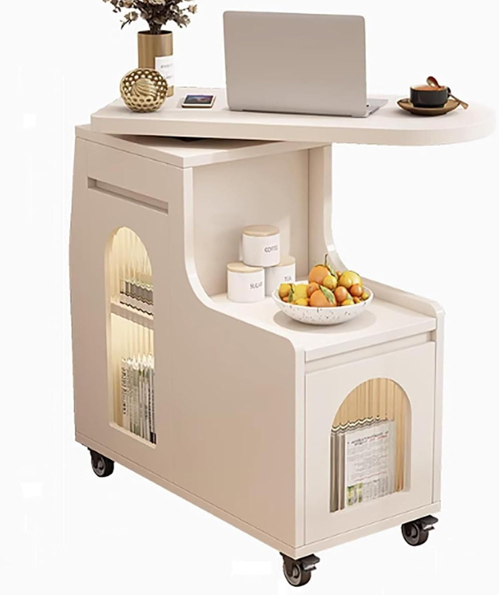 Space-Saving Swivel Trays Timber End Side Table with Storage Cabinet for Livi...