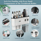 Toothbrush Holders Wall Mounted, Toothbrush Holder with Automatic Toothpaste Dispensers, 6 Brush Slots, 3 Magnetic Cups,1 Cosmetic Drawer Organizer and 1 Large Storage Tray
