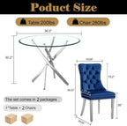 AF ARTISAN FURNITURE 36" Round Glass Dining Table Set for 2, 3-Piece Modern Kitchen Table with 2 Blue Velvet Chairs, Dining Room Table Set for Apartments Small Spaces (Silver Leg)