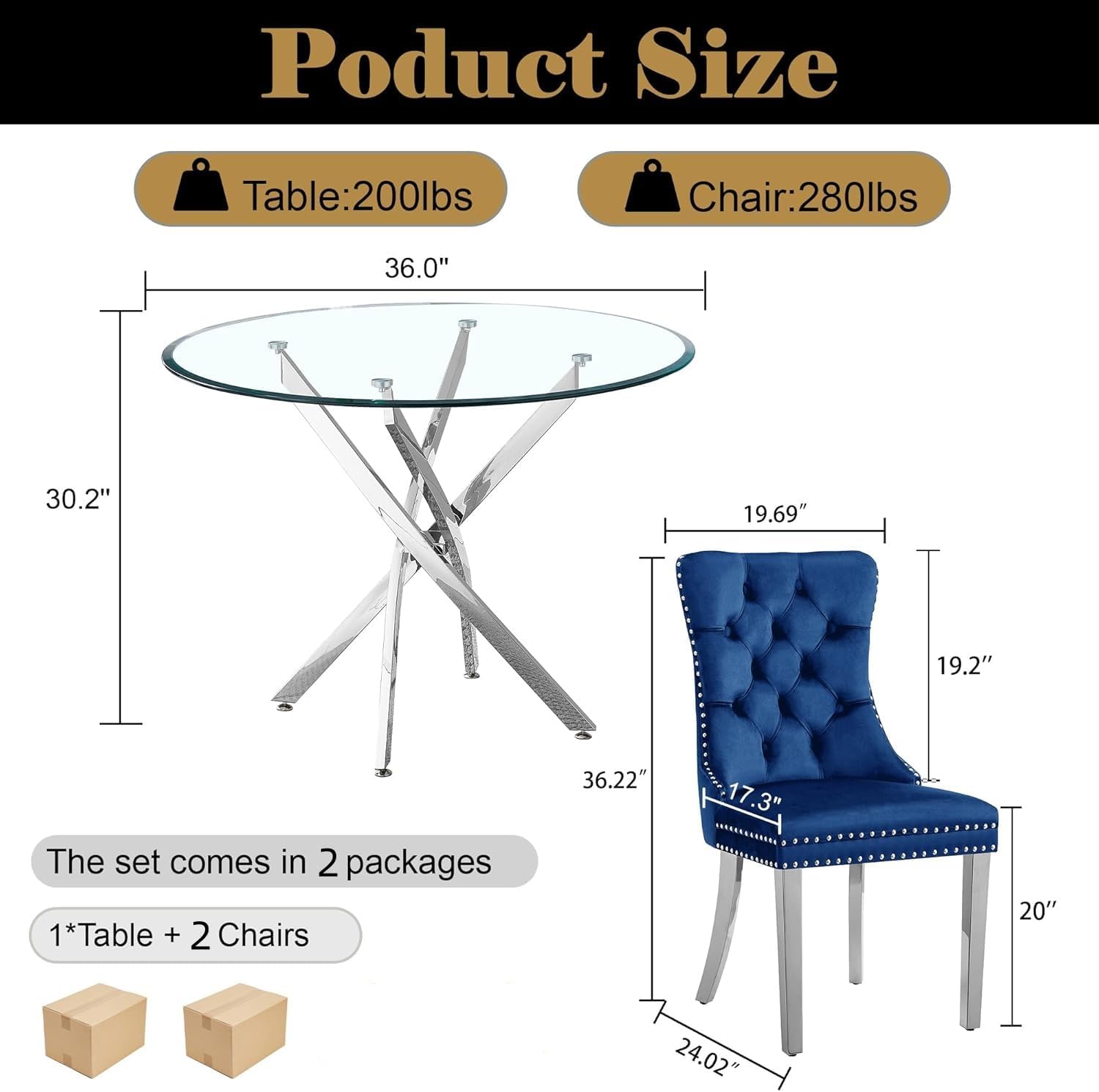 AF ARTISAN FURNITURE 36" Round Glass Dining Table Set for 2, 3-Piece Modern Kitchen Table with 2 Blue Velvet Chairs, Dining Room Table Set for Apartments Small Spaces (Silver Leg)