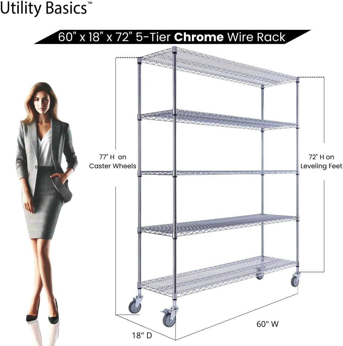 NSF Commercial 5-Tier Wire Shelving with Wheels, 60"x18"x72" Heavy Duty Metal Shelves 4000 lbs Max Capacity, Chrome Storage Rack for Garage Kitchen Pantry Warehouse