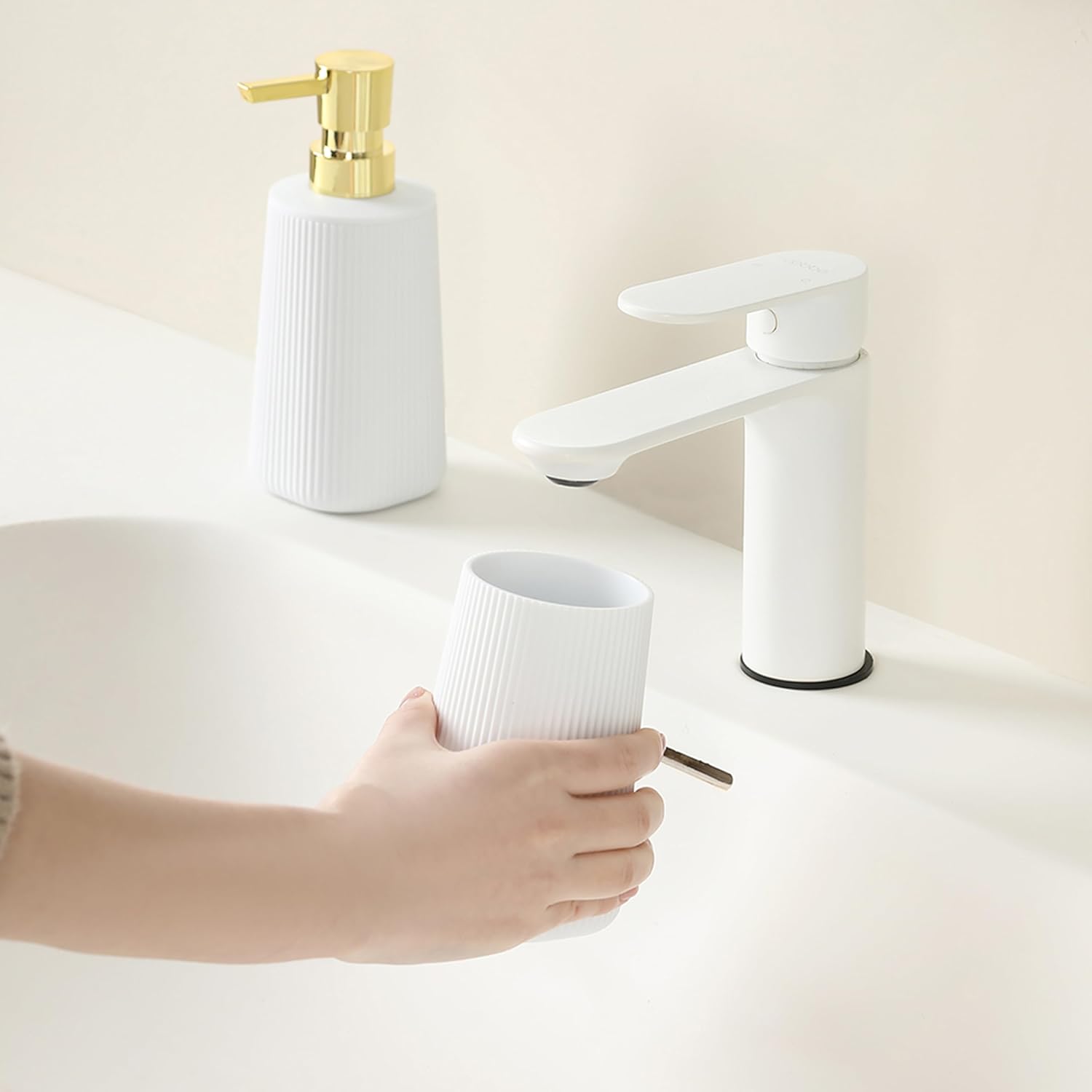 Bathroom Accessories 2 Piece Soap Dispenser and Toothbrush Holder Set Striped White and Gold