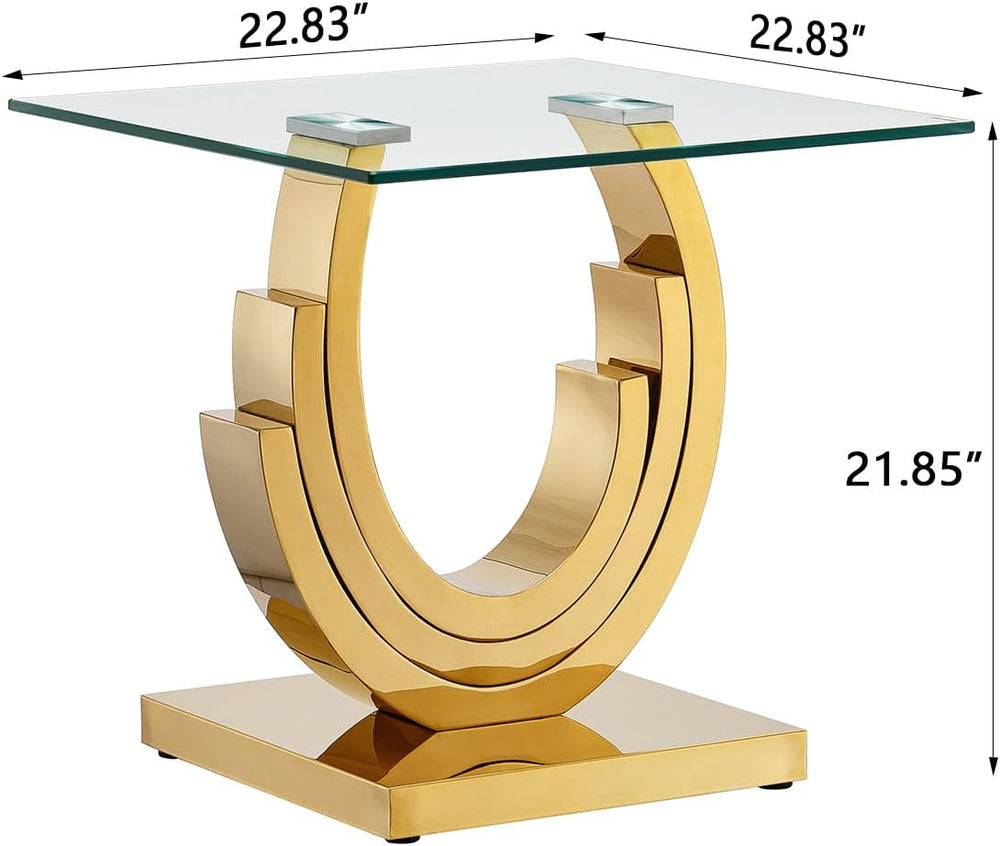 Modern End Table, Living Room End Table with Tempered Glass Top & Geometr...
