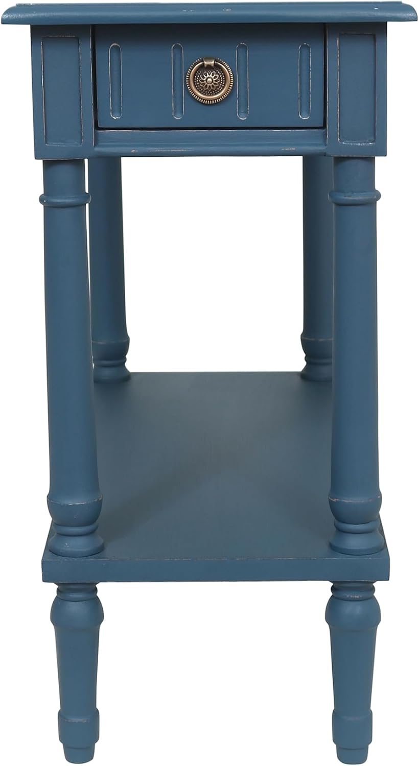 East at Main Handmade Solid Wood Narrow End Table with Drawer, Slim Blue Side...
