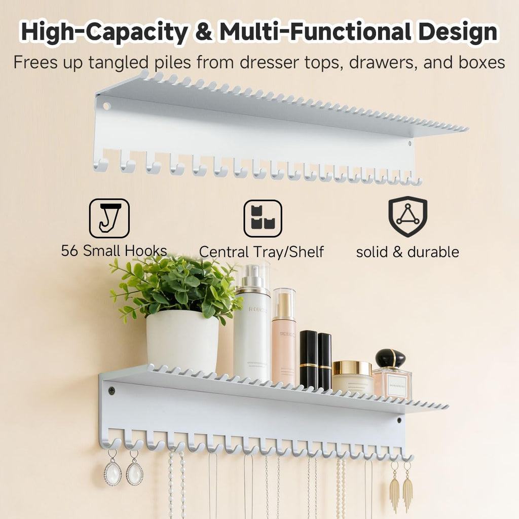 Necklace Jewelry Holder Wall Hanging Organizer Hangers Storage Mounted Shelf with 56 Hooks Tray Display Girls Women Metal Door Earring Mount Key Chains Rack White