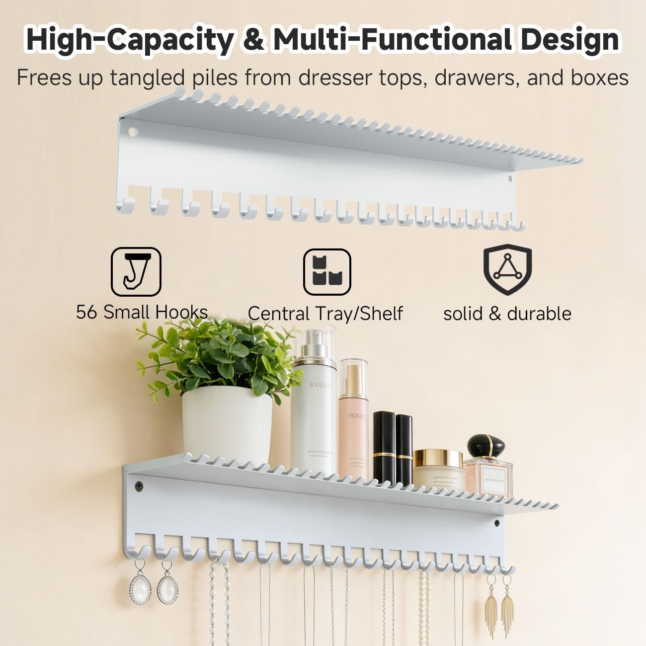 Necklace Jewelry Holder Wall Hanging Organizer Hangers Storage Mounted Shelf with 56 Hooks Tray Display Girls Women Metal Door Earring Mount Key Chains Rack White