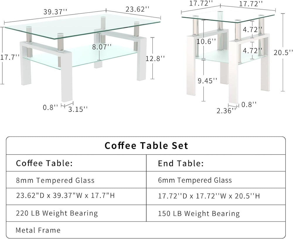 ODUSE-DAILY Glass Coffee Table Set of 3 Piece, Living Room Table Set of 3, Wh...