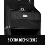 GORILLA GRIP Large Capacity Closet Organizer, 5 Deep Shelves, Holds 50lbs, Over the Door Organizers 6 Mesh Pockets, Shelf Storage for Clothes Crafts Dorm Essentials, 3 Metal Hooks, 58x15 Inches, Black