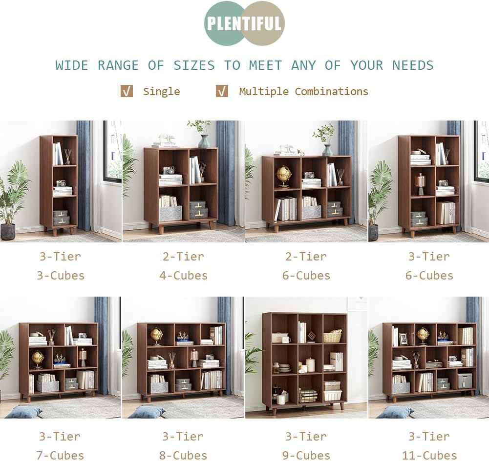 IOTXY Open Cube Low Bookcase - 3-Tier Freestanding Storage Display Cabinet Organizer with Legs for Home Office, 7-Cubes Open Shelf Short Bookshelf, Walnut