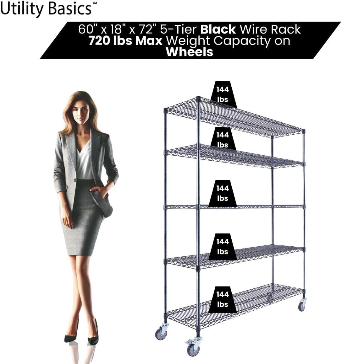 NSF Commercial 5-Tier Wire Shelving with Wheels, 60"x18"x72" Heavy Duty Metal Shelves 4000 lbs Max Capacity, Black Storage Rack for Garage Kitchen Pantry Warehouse
