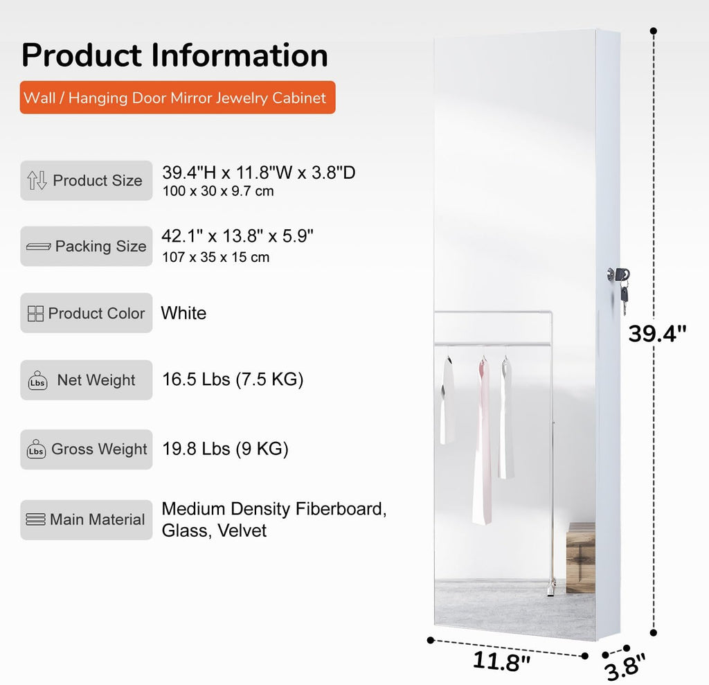 GISSAR Full Length Mirror Jewelry Cabinet, 6 LEDs Jewelry Armoire Wall Mounted Over The Door Hanging, Jewelry Organizer Display Storage Furniture with Lights Locker Mirrored Cabinet, 39.4" H, White