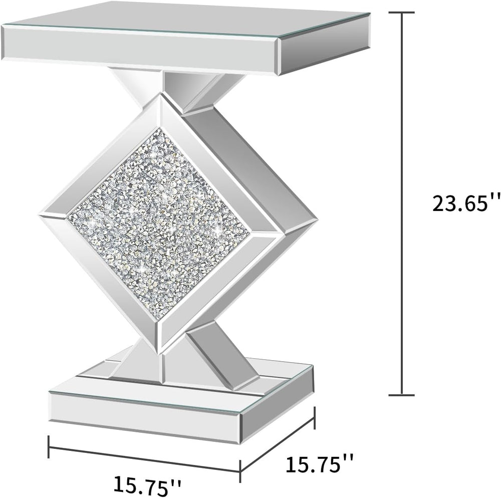 Crushed Diamond Mirrored End Table, Silver Side Accent Table, Small Mirrored ...