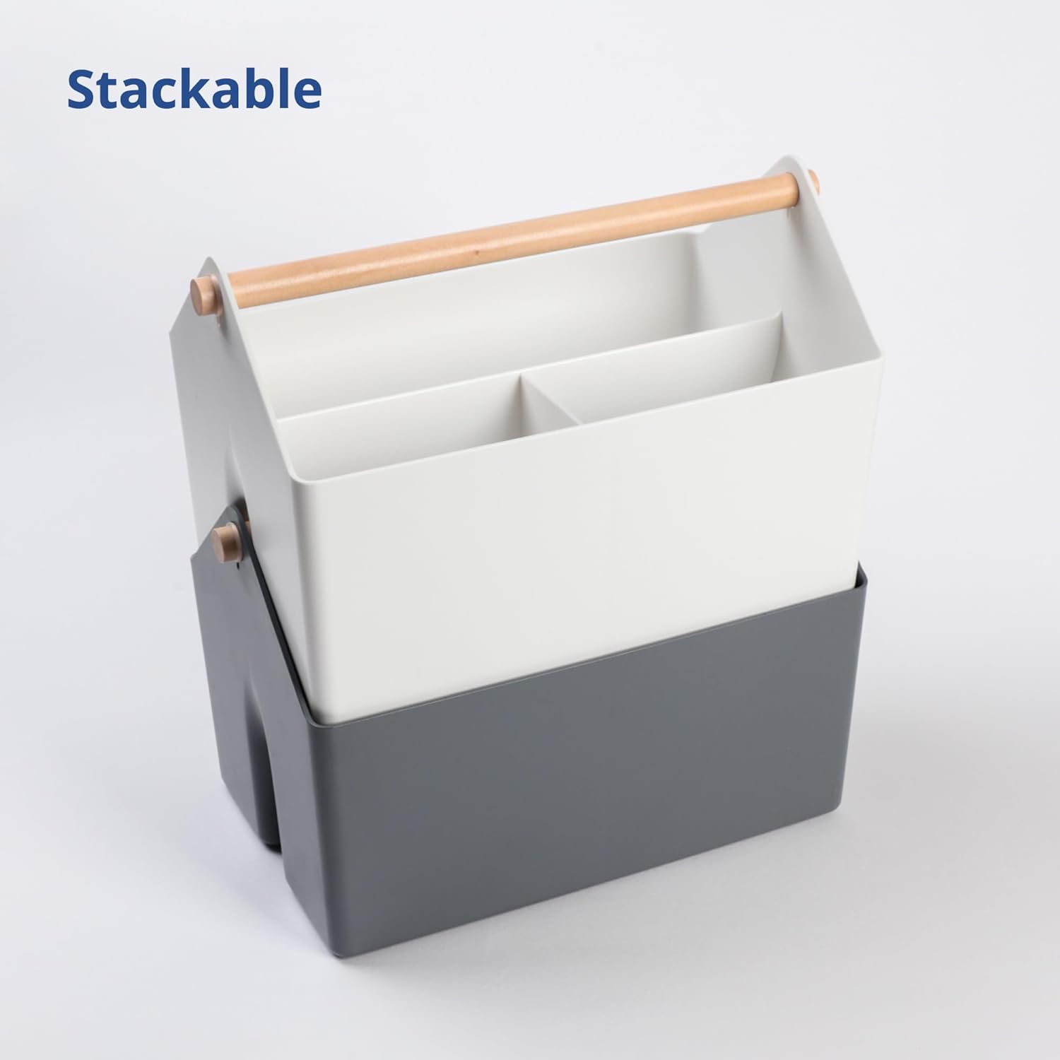 BLUE GINKGO Medium Storage Basket – Plastic Caddy with Wooden Handle for Office, Arts & Crafts, or Home Supplies (Gray)