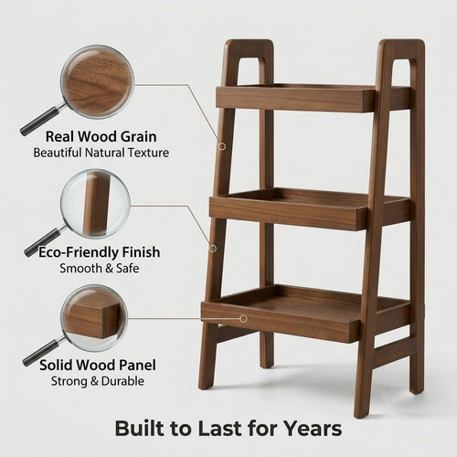 100% Solid Wood 3 Tier Ladder Shelf, Freestanding Small Ladder Bookshelf with Open Storage, Space-Saving Bookcase and Side Table for Living Room, Bedroom, Home Office, Walnut Finish