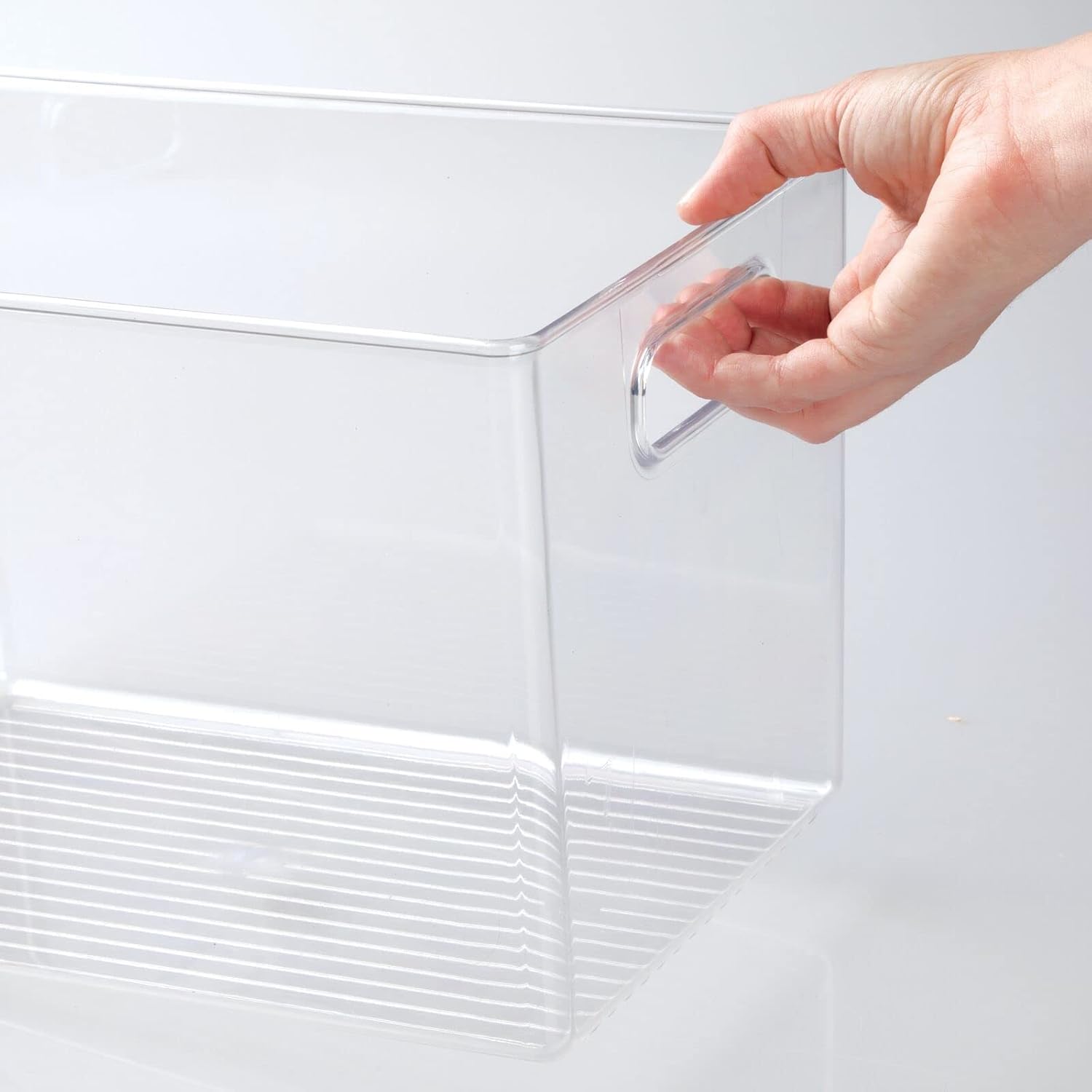 mDesign Deep Plastic Home Storage Organizer Bin with Built-in Handles for Cube Furniture Shelving in Office, Closet, Cabinet, Bedroom, Bathroom, Nursery, Dorm - 4 Pack - Clear