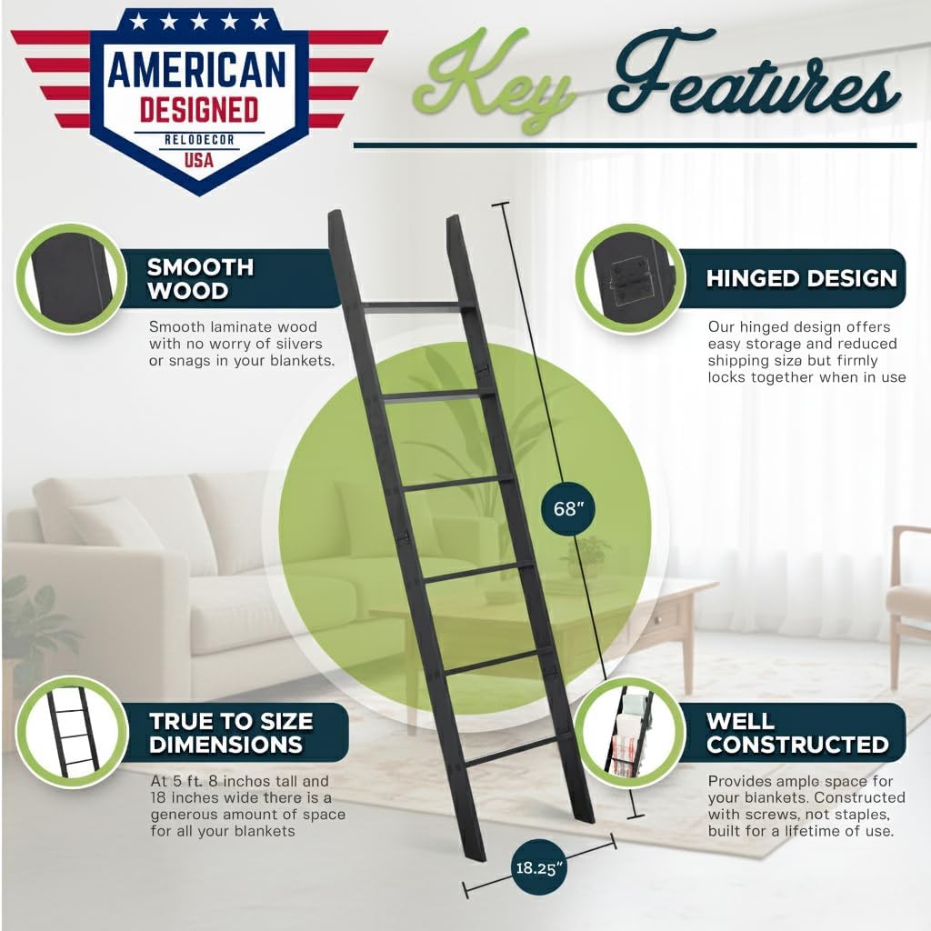 Blanket Ladder for the Living Room and Bedroom, Quilt Rack, 6-Tier, Black | 5ft 8 inch, Wall Leaning Blanket Holder, Laminate Snag Free, Rustic Decorative Farmhouse Ladder Shelf for Blankets