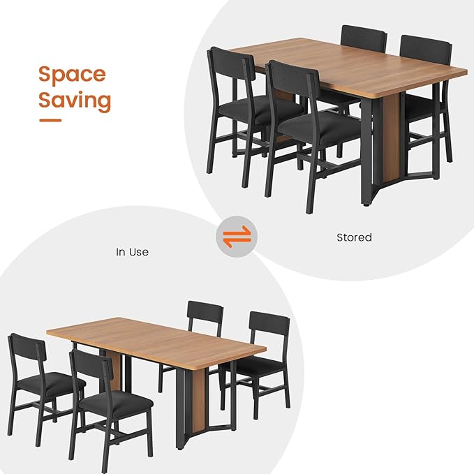 Itaar 5-Piece Dining Table Set for 4-6 People, 63" Extendable Kitchen Table and 4 Cushion Chairs, Dining Room Table with MDF Board & Metal Frame for Small Space, Easy Clean, Brown