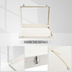 Wudygirl Necklace Organizer with Clear Glass Lid Stackable Jewelry Organizer Tray with 20 Hooks for Necklace Bracelet(Beige Necklace Box)