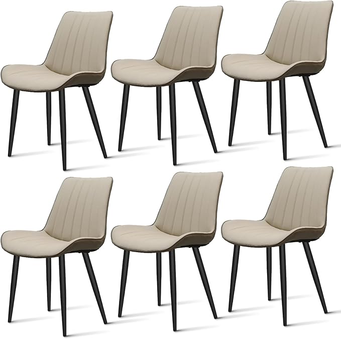 Dining Chairs Set of 6, Leather Modern Kitchen & Dining Room Chairs, Comfortable Upholstered Kitchen Chairs with Metal Legs Armless Side Chairs for Kitchen Restaurant, Khaki & Dark Grey