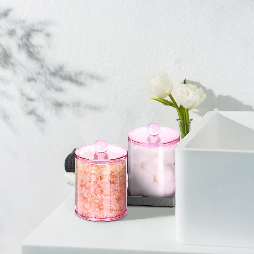 6 Pack Qtip Holder,Canister Apothecary Jar Set, Bathroom Jars with Lids Set for Cotton Swabs, Balls, Pads, Floss Picks,10oz-12oz Plastic Canisters Restroom Bedroom Vanity Organizer(Pink)