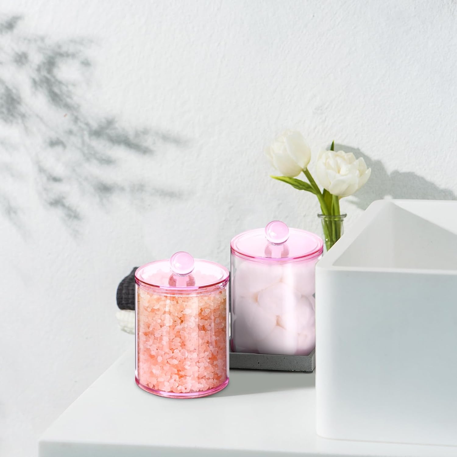 2 Pack Qtip Holder,Canister Apothecary Jar Set, Bathroom Jars with Lids Set for Cotton Swabs, Balls, Pads, Floss Picks,10oz-12oz Plastic Canisters Restroom Bedroom Vanity Organizer(Pink)