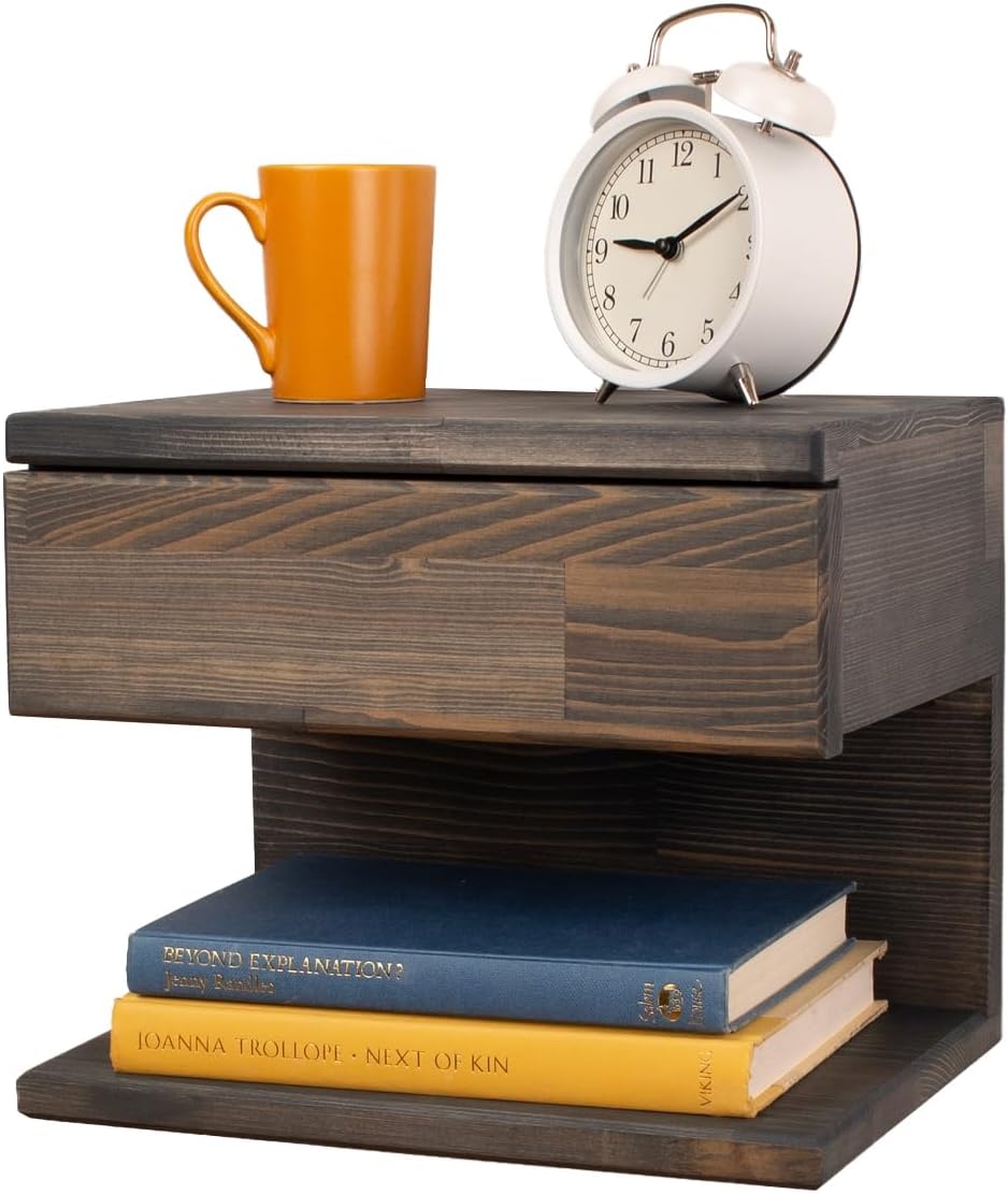 Floating Nightstand Side Accent or End Table with Storage Drawer, Wood Bedsid...