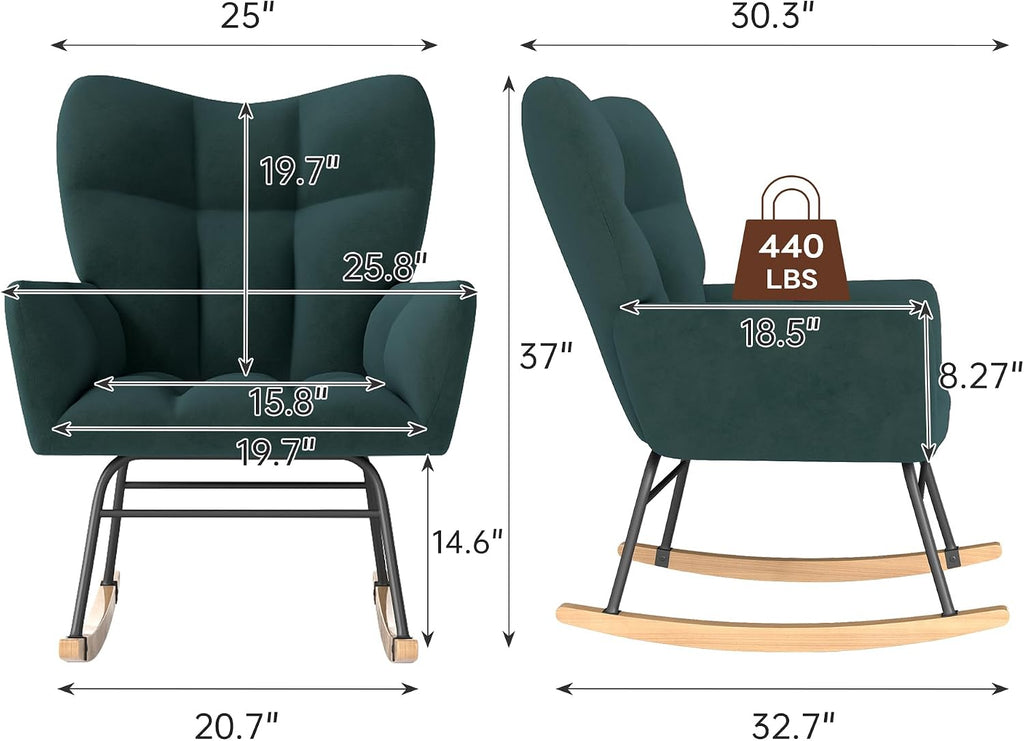 Nursery Rocking Chair, Rocking Chairs for Nursery, Green | Glider Rocker, Anti-Tip Safety Design, 440 Lb Weight Capacity, Cotton Fabric Cover, Padded Seat, for Living Room Bedroom