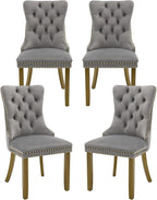 Velvet Dining Chairs Set of 4, High-end Tufted Upholstered Dining Chair with Back Ring Pull, Nailhead Trim and Golden Solid Wood Legs, Modern Dining Room Chairs for Dining Room, Light Gray