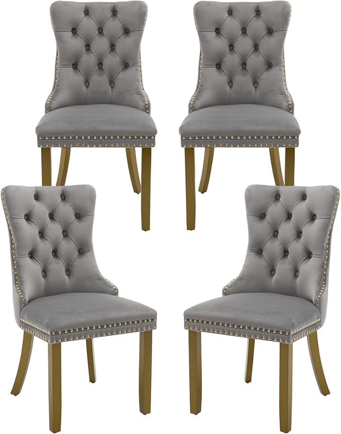 Velvet Dining Chairs Set of 4, High-end Tufted Upholstered Dining Chair with Back Ring Pull, Nailhead Trim and Golden Solid Wood Legs, Modern Dining Room Chairs for Dining Room, Light Gray