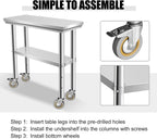 Stainless Steel Table for Prep & Work 30 x 12 Inches with Caster Wheels, NSF Commercial Heavy Duty Table with Undershelf and Galvanized Legs for Garage Restaurant Home and Hotel