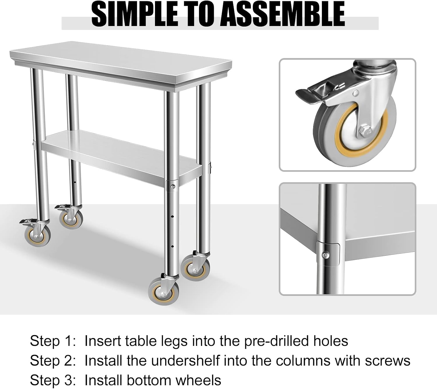 Stainless Steel Table for Prep & Work 30 x 12 Inches with Caster Wheels, NSF Commercial Heavy Duty Table with Undershelf and Galvanized Legs for Garage Restaurant Home and Hotel