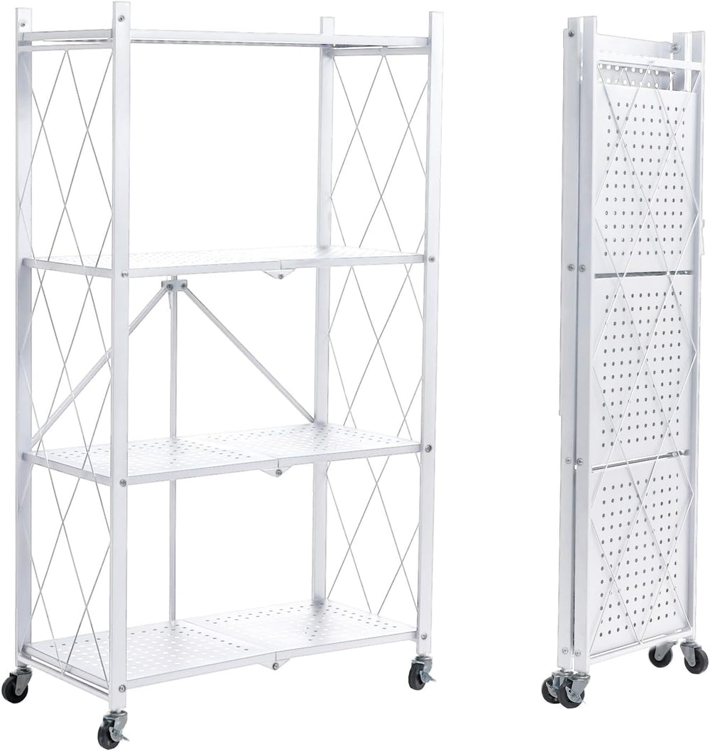 BRIAN & DANY 4-Tier Foldable Storage Shelves with Wheels, Folding Metal R...