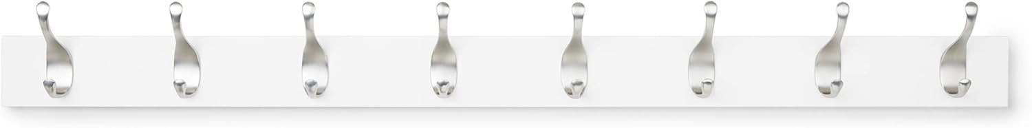 Amazon Basics Wall Mounted Modern Coat Rack with Versatile Storage Hooks, Rectangular, 8-Hook, White
