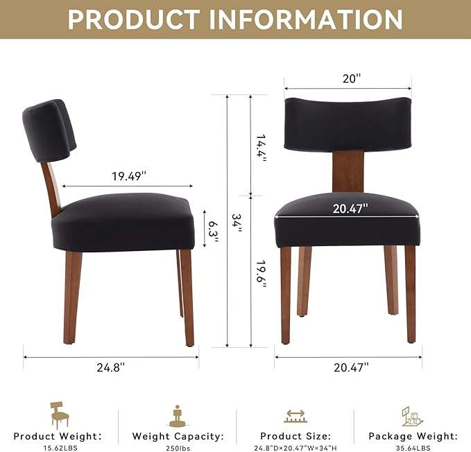 Dining Chairs Set of 2 Upholstered Dining Chairs, Mid Century Modern Kitchen Chairs with Solid Wood Legs and Ergonomic Curved Backrest, Black Linen Fabric (Black, Set of 2)