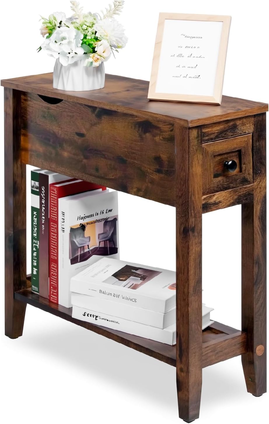 Chairside Table with Charger,Cherry End Table with Movable Top and Charging S...