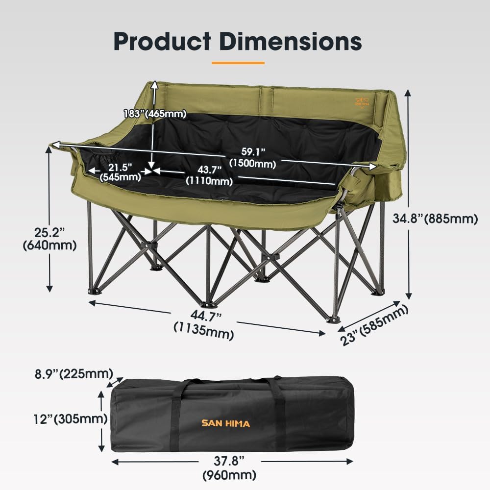 SAN HIMA Double Camping Chair for 2 Person, 650 LBS Heavy Duty Folding Lovese...