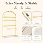 Multi-Functional Jewelry Holder Organizer Necklace Display Stand Velvet Lined Bar for Rings 2 Tier with 18 Hooks, 32 Earring Holes - Sturdy and Durable, Easy Organization White & Gold