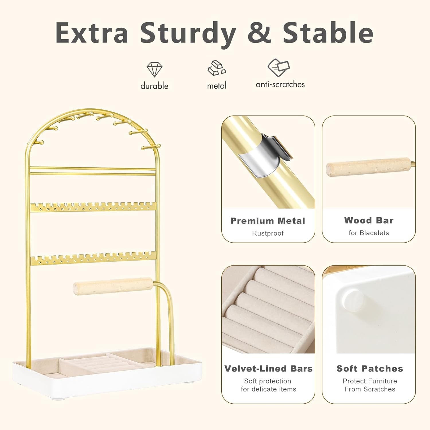 Multi-Functional Jewelry Holder Organizer Necklace Display Stand Velvet Lined Bar for Rings 2 Tier with 18 Hooks, 32 Earring Holes - Sturdy and Durable, Easy Organization White & Gold