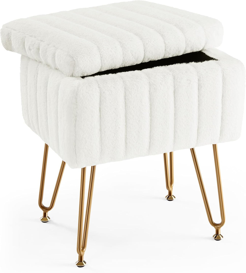 Sweetcrispy Vanity Stool Chair with Storage, Ottoman Faux Fur Soft Padded Mak...