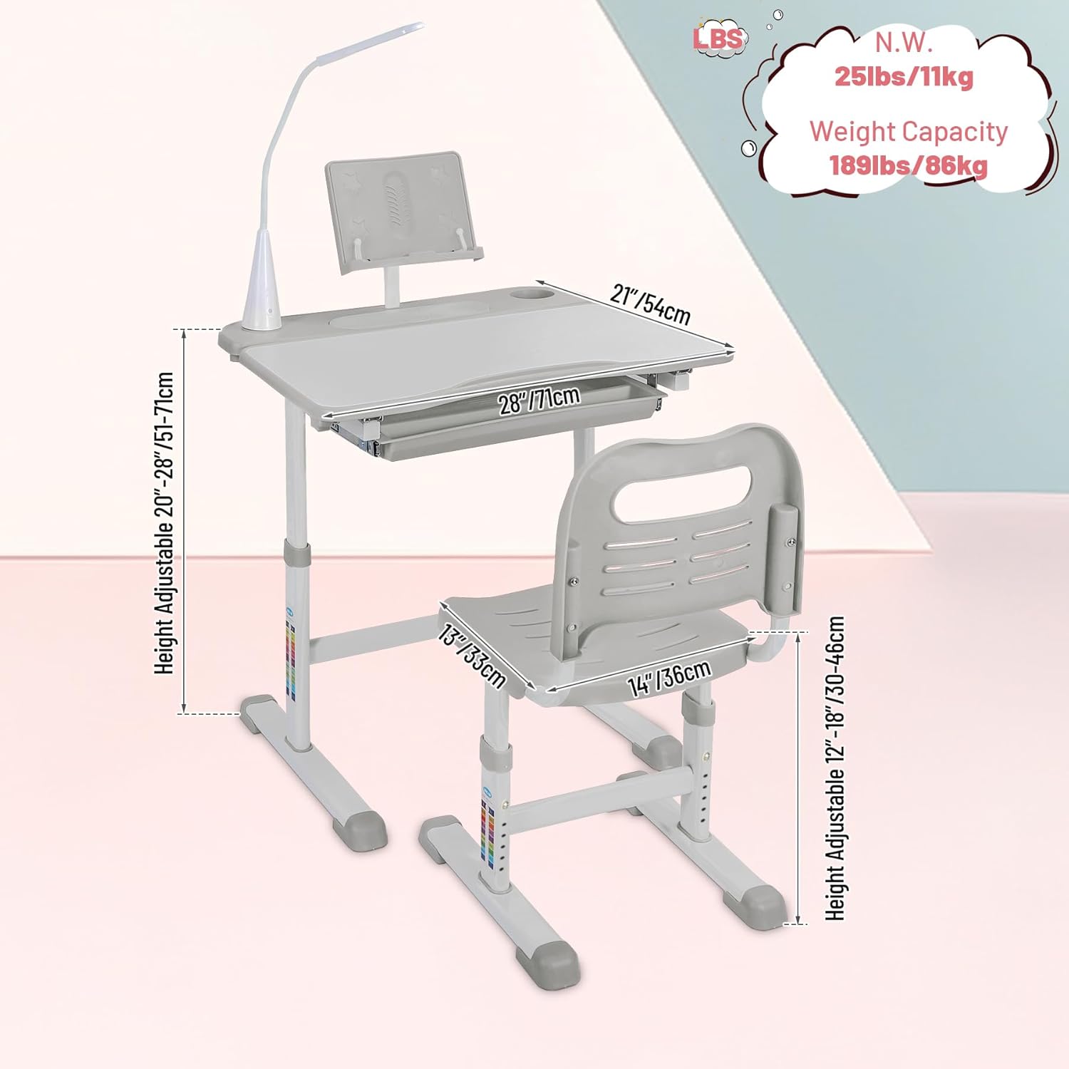 Kids Desk and Chair Set,Height Adjustable Childrens Homeschool Study Table with Storage Drawer, LED Light,Cup Holder,Bookstand, for 3-15 Years Boy and Girl, Grey