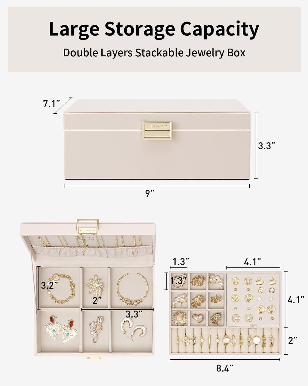 VLANDO Jewelry Box,2-Layer Design with Removable Tray,Apricot Pink | Removable Upper Tray Separates Rings and Earrings, Lower Space for Bracelets, Birthday Gift, Bedroom Dresser