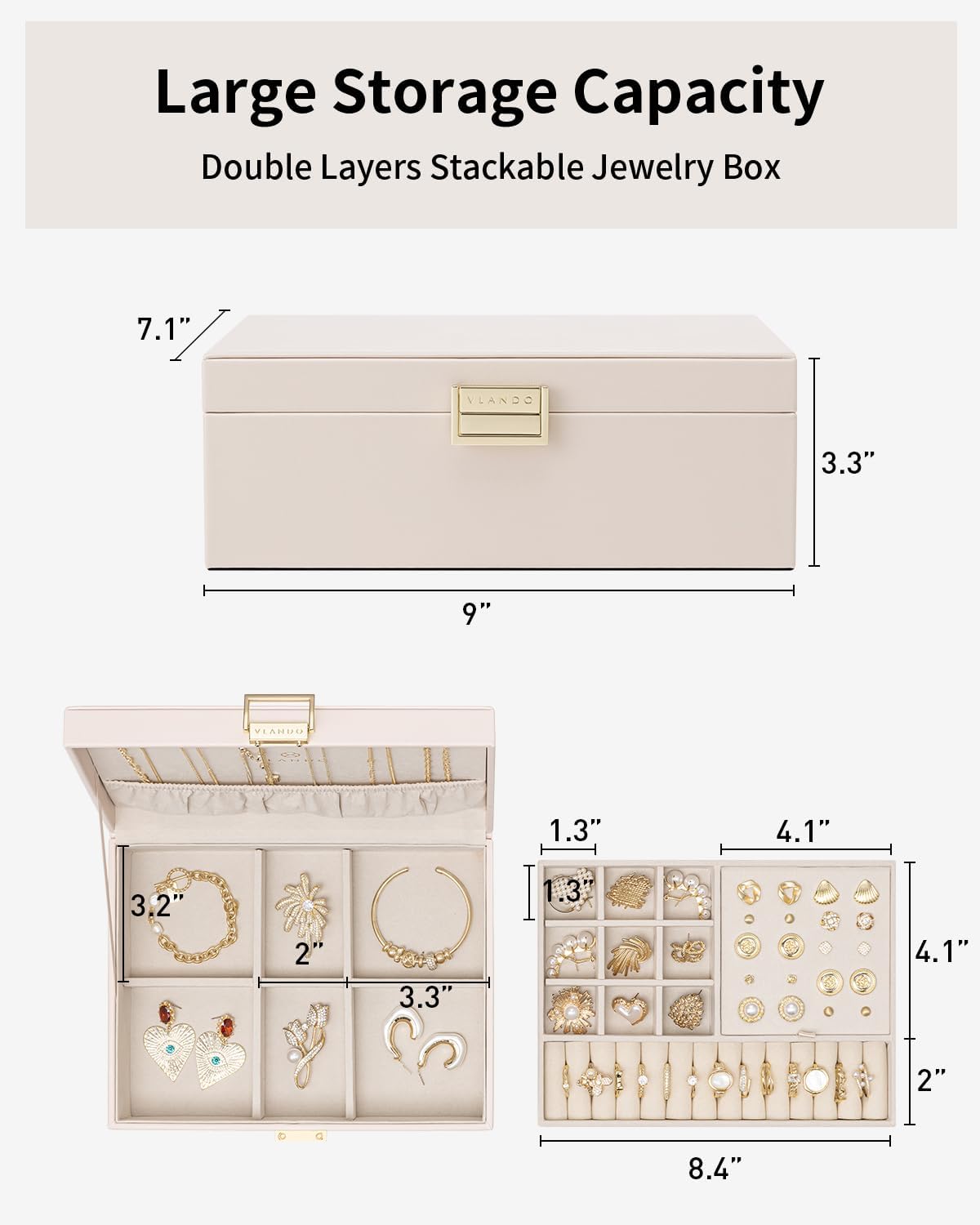 VLANDO Jewelry Box,2-Layer Design with Removable Tray,Apricot Pink | Removable Upper Tray Separates Rings and Earrings, Lower Space for Bracelets, Birthday Gift, Bedroom Dresser