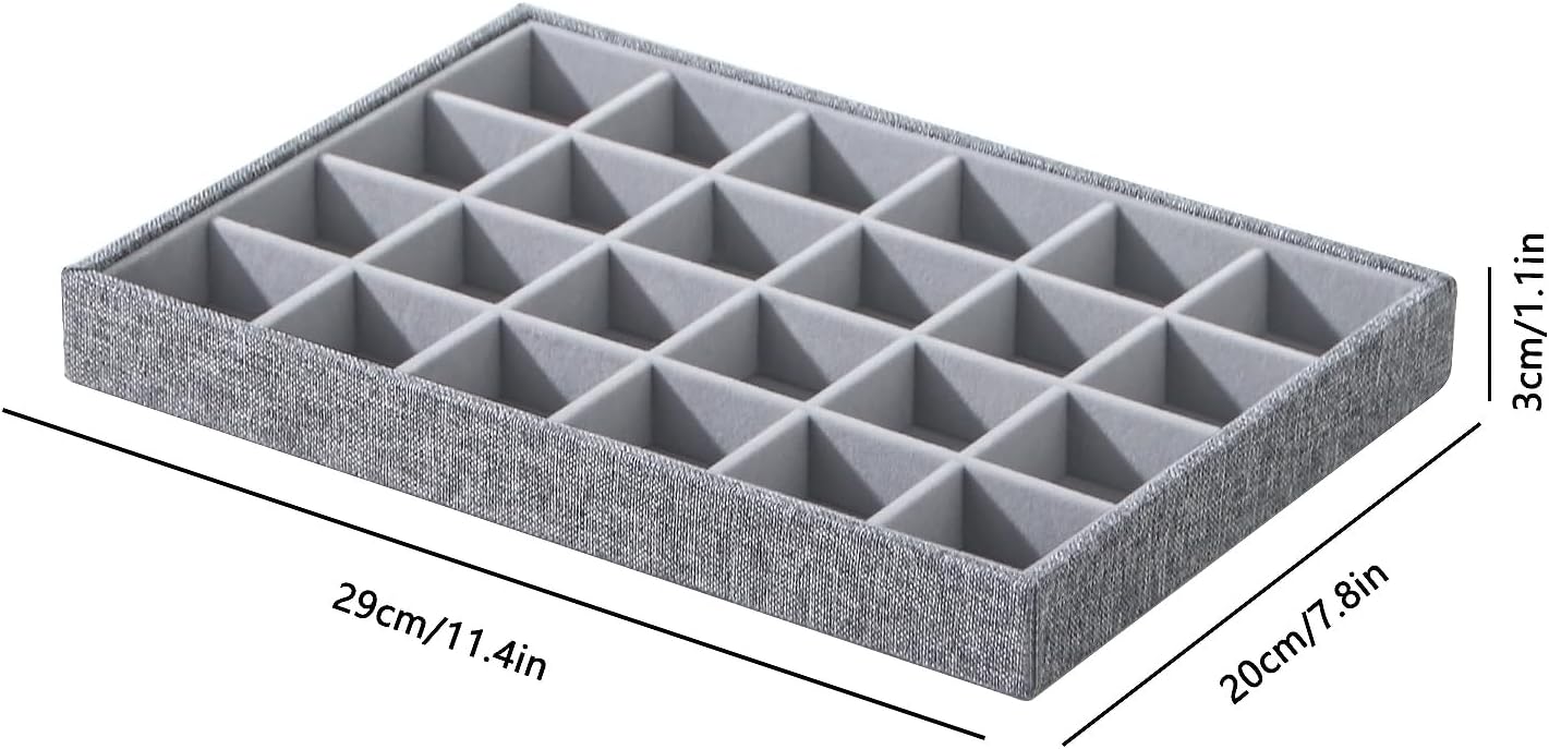 Stackable Jewelry Organizer Tray For Drawers,White Leather Small Earring Storage Tray,Bracelet And Necklace Display Box,Jewelry Ring Display Case (Gray 24 Grids)