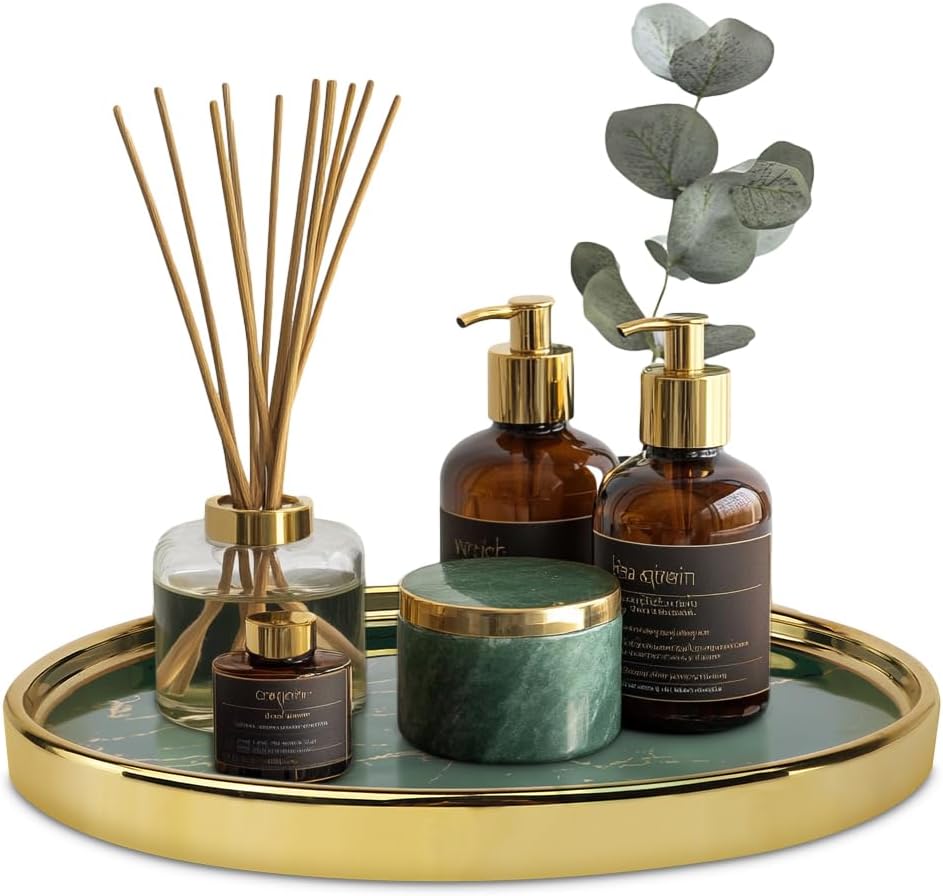 Ceramic Vanity Tray for Bathroom, Jewelry, and Makeup – Decorative Organizer Tray for Countertops, Dresser, or Sink – Elegant Green Round Design, Durable & Stylish Storage Solution