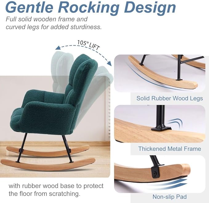 Nursery Rocking Chair, Boho Accent Ottoman, Teddy Upholstered Glider Rocker with High Backrest, Recliner Function and Foot Rest for Living Room, Small Spaces, Bedroom, Green