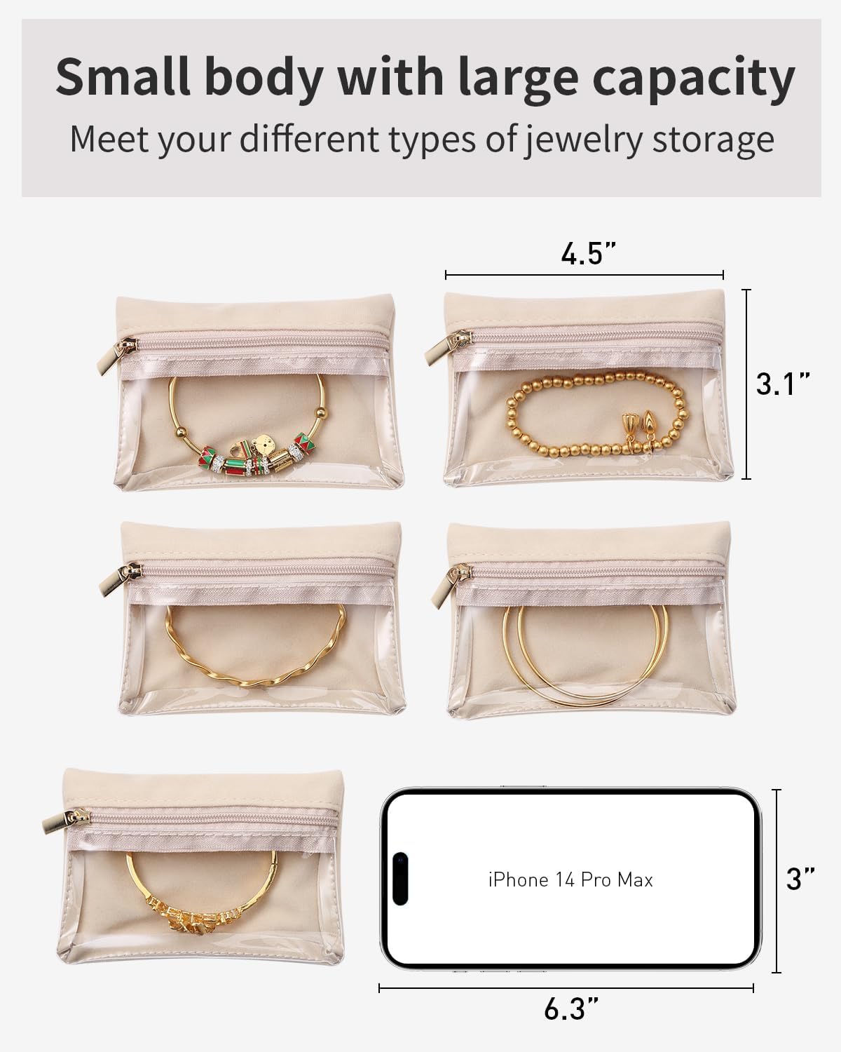 Vlando Travel Jewelry Bags,Jewelry Pouch Bag, Clear velvet zipper pockets Storage Bag Organizer Case for Women Girl Gift 6 Pcs