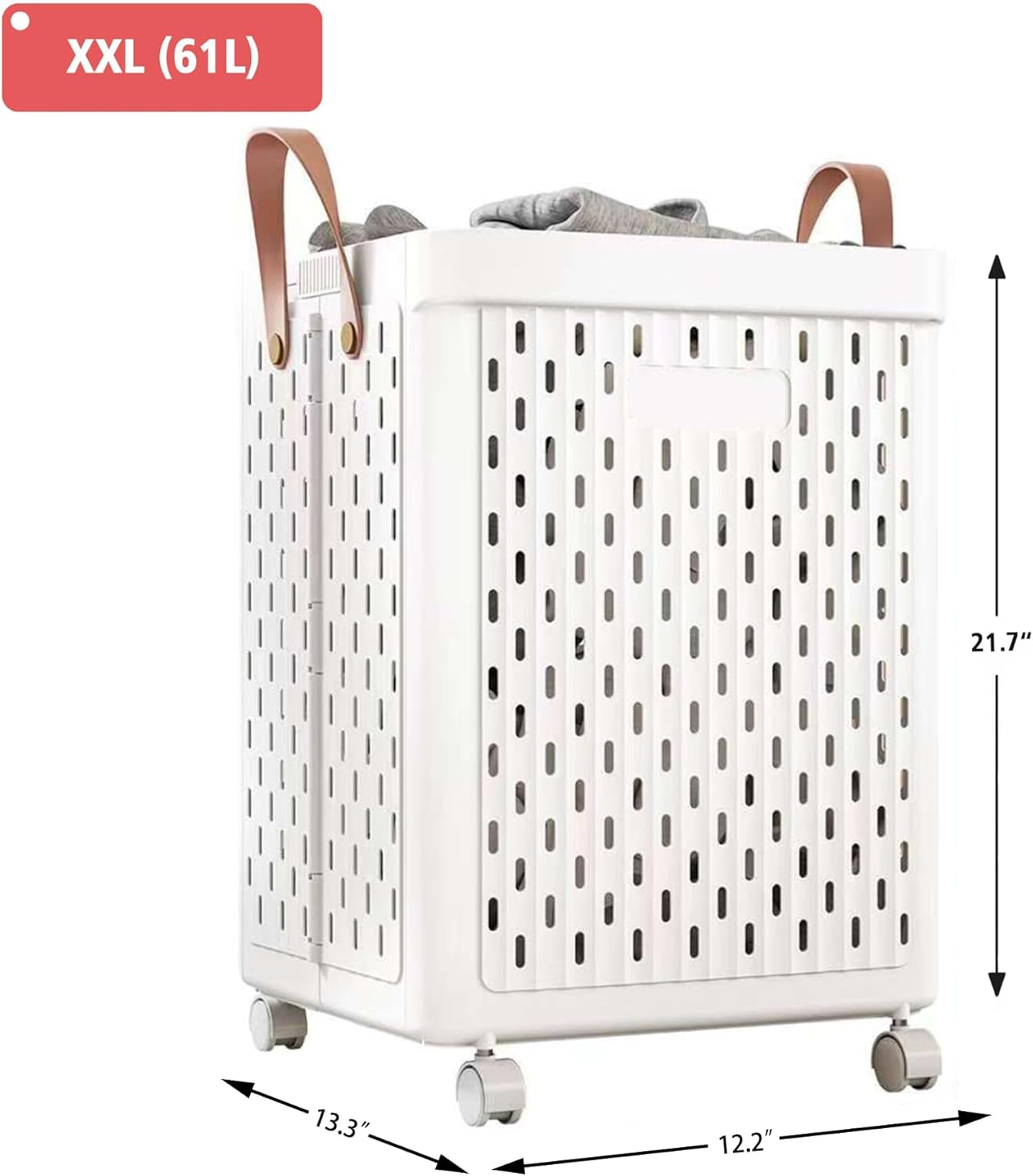 UAK Laundry Basket with Wheels, Collapsible Plastic Laundry Hamper with Handle, Foldable Laundry Basket Organizer for Laundry and Bathroom (‌Pure white, XXL)