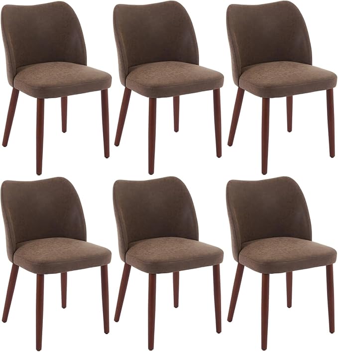 Dining Chair Set of 6, Leather Upholstered Dining Chair with Wood Legs, Wing Backrest, Wooden Kitchen Chair, Kitchen Chairs with Thick Cushions for Dining Room, Living Room, Taupe