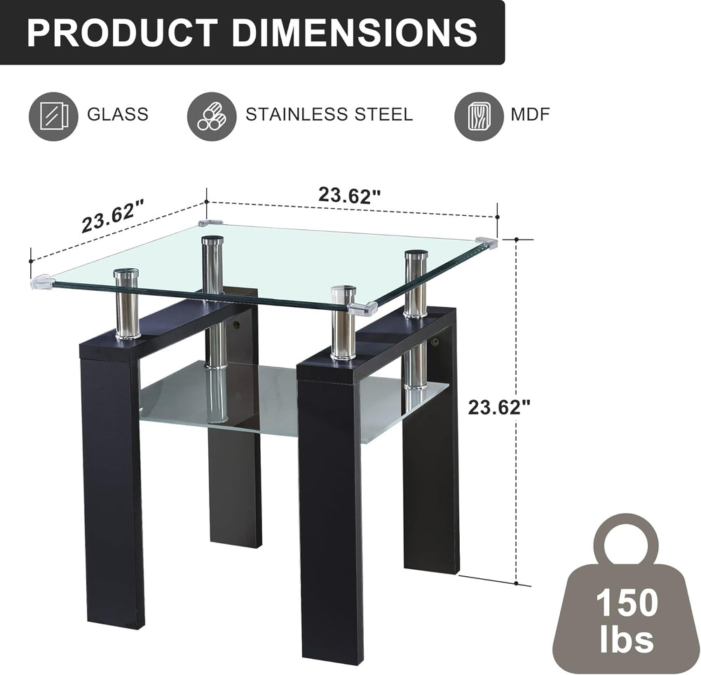 Square Glass End Table,2-Tier Tempered Glass Modern Living Room Side Table wi...